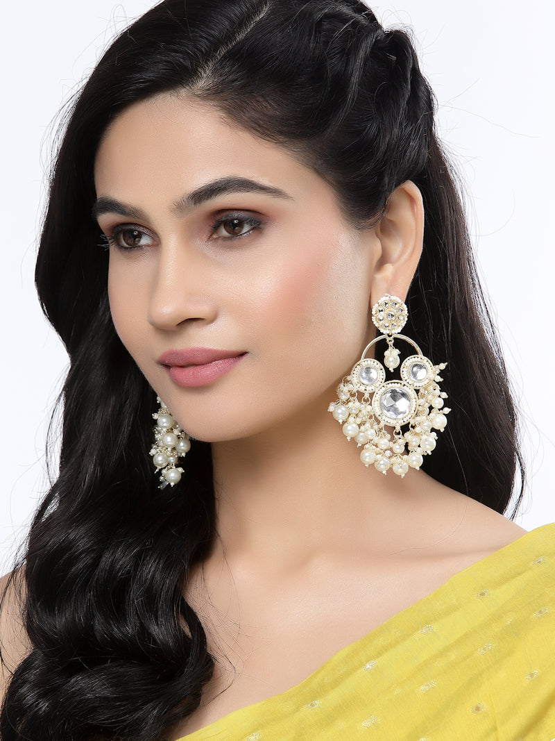 Gold-Plated Kundan & White Pearls studded Floral Shaped Tasselled Drop Earrings