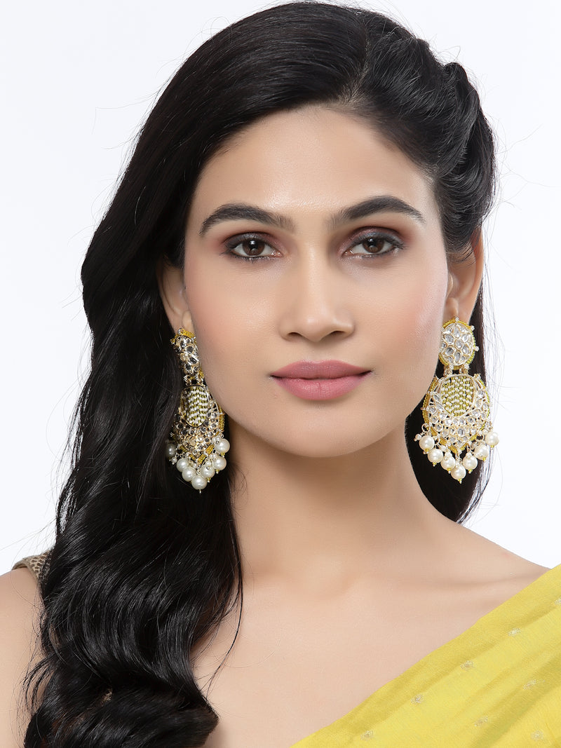 Gold-Plated Yellow Beads White Pearls & Kundan studded Handcrafted Crescent Shaped Drop Earrings