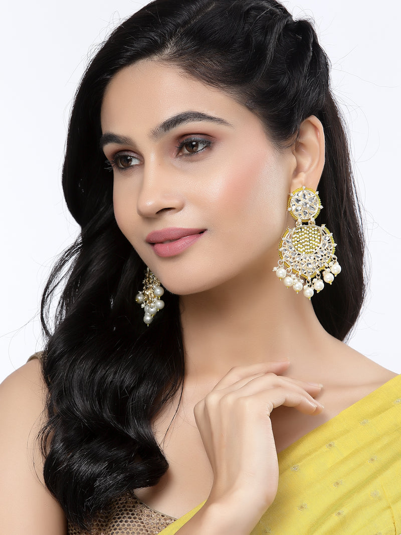 Gold-Plated Yellow Beads White Pearls & Kundan studded Handcrafted Crescent Shaped Drop Earrings