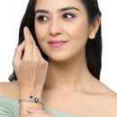 Rhodium-Plated Navy Blue Flower & Square Shape American Diamond Studded Kada Bracelet