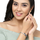 Rhodium-Plated Navy Blue Flower & Square Shape American Diamond Studded Kada Bracelet