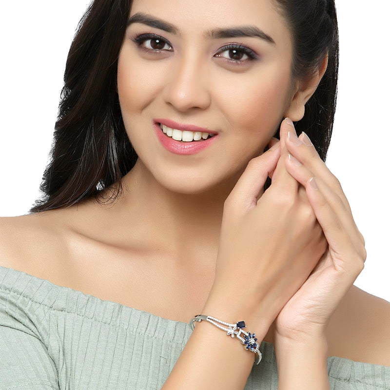 Rhodium-Plated Navy Blue Flower & Square Shape American Diamond Studded Kada Bracelet