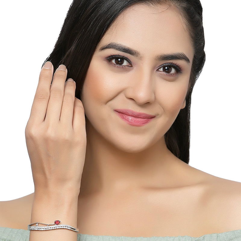 Rhodium Plated Silver Toned Ruby Red Teardrop Shaped American Diamond Stone Studded Kada Bracelet