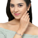 Rhodium Plated Silver Toned Ruby Red Teardrop Shaped American Diamond Stone Studded Kada Bracelet