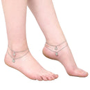 Rhodium Plated Silver Toned Flower Shaped Pink & Sea Green Cubic Zirconia Stone Studded Charm Anklets