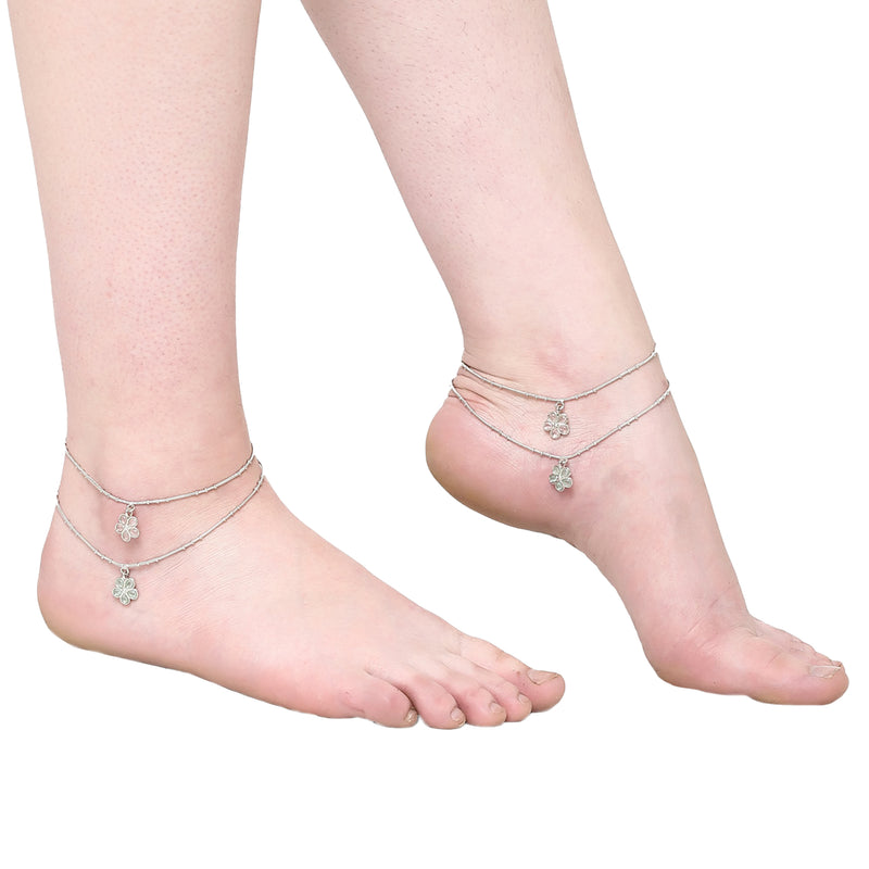 Rhodium Plated Silver Toned Flower Shaped Pink & Sea Green Cubic Zirconia Stone Studded Charm Anklets