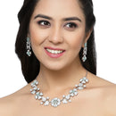 Rhodium-Plated Sea Green Cubic Zirconia Studded Floral Theme Necklace & Earrings Jewellery Set