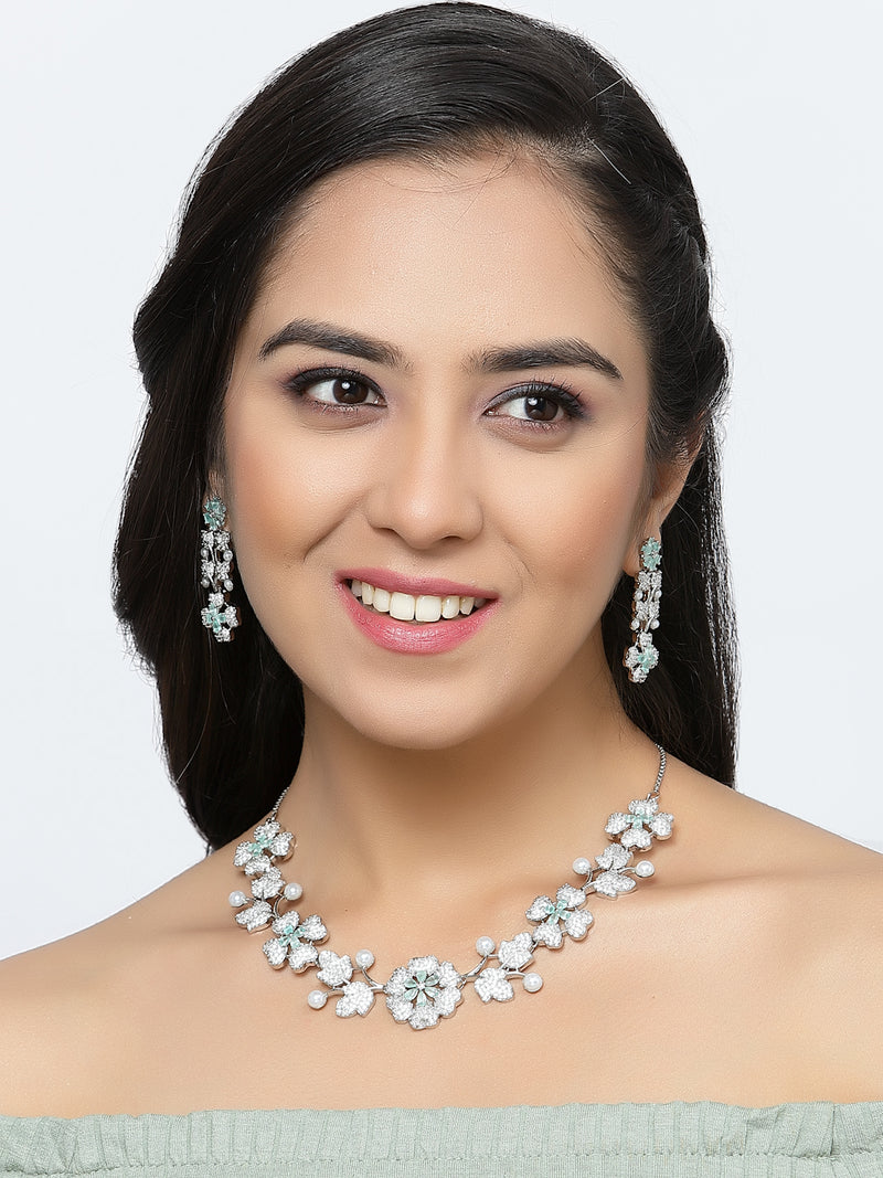 Rhodium-Plated Sea Green Cubic Zirconia Studded Floral Theme Necklace & Earrings Jewellery Set