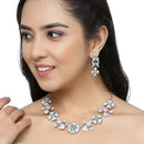 Rhodium-Plated Sea Green Cubic Zirconia Studded Floral Theme Necklace & Earrings Jewellery Set