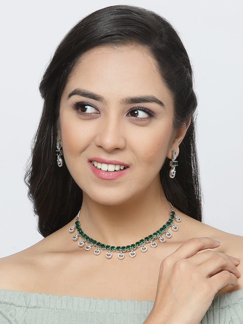 Rhodium-Plated Green American Diamonds Studded Contemporary Necklace & Earrings Jewellery Set