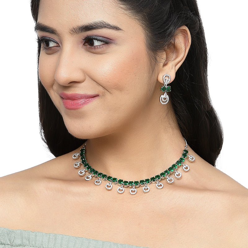 Rhodium-Plated Green American Diamonds Studded Contemporary Necklace & Earrings Jewellery Set