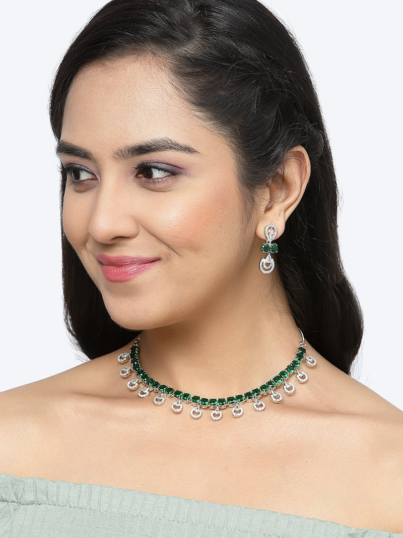 Rhodium-Plated Green American Diamonds Studded Contemporary Necklace & Earrings Jewellery Set