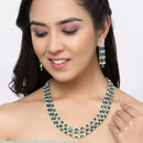 Rhodium-Plated Green American Diamond Studded Layered Necklace & Earrings Jewellery Set