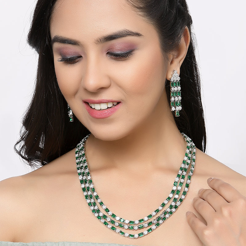 Rhodium-Plated Green American Diamond Studded Layered Necklace & Earrings Jewellery Set