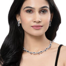 Rhodium-Plated Navy Blue American Diamonds Studded Boxy Necklace & Earrings Jewellery Set