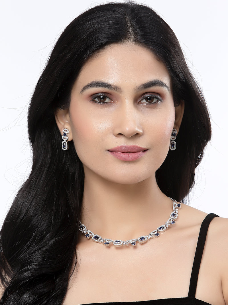 Rhodium-Plated Navy Blue American Diamonds Studded Boxy Necklace & Earrings Jewellery Set