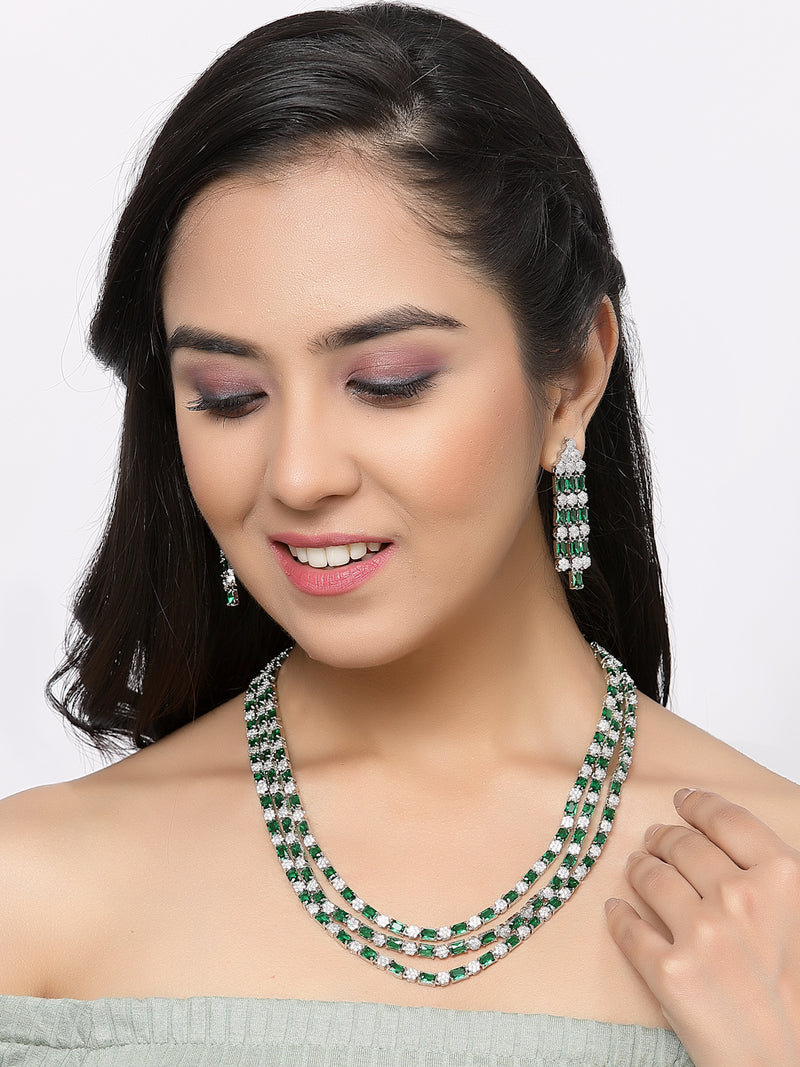 Rhodium-Plated Green American Diamond Studded Layered Necklace & Earrings Jewellery Set