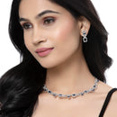 Rhodium-Plated Navy Blue American Diamonds Studded Boxy Necklace & Earrings Jewellery Set