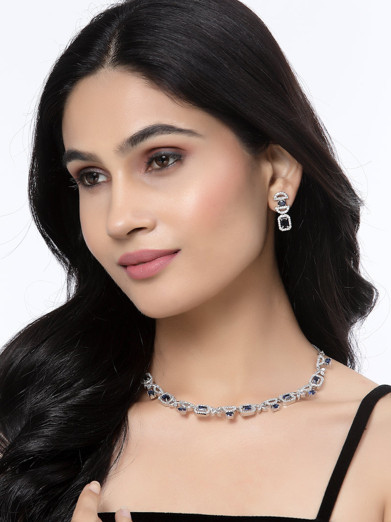 Rhodium-Plated Navy Blue American Diamonds Studded Boxy Necklace & Earrings Jewellery Set