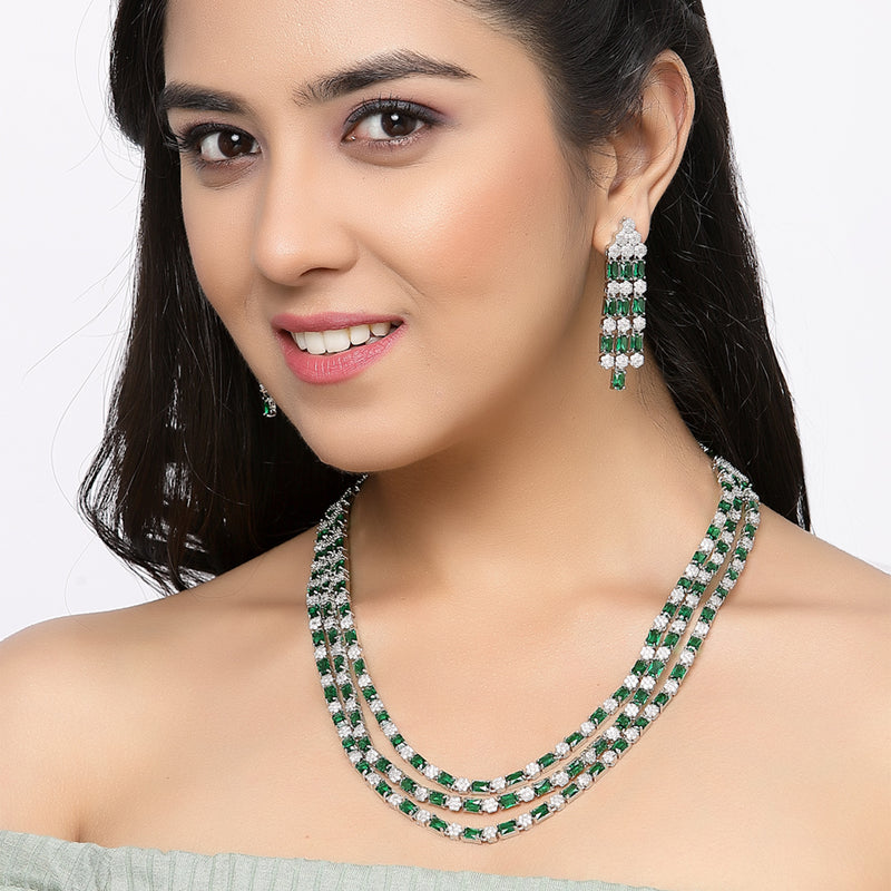 Rhodium-Plated Green American Diamond Studded Layered Necklace & Earrings Jewellery Set