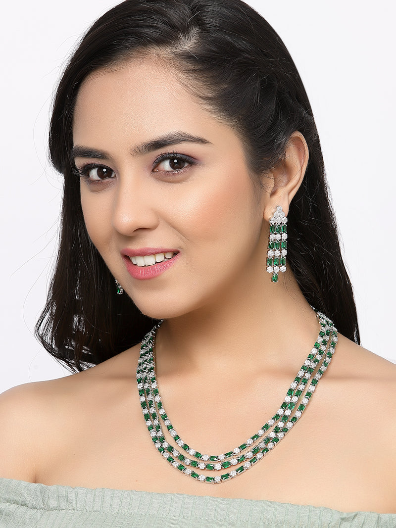 Rhodium-Plated Green American Diamond Studded Layered Necklace & Earrings Jewellery Set