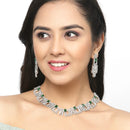 Rhodium-Plated Green & White American Diamonds Studded Squarish Shaped Necklace & Earrings Jewellery Set