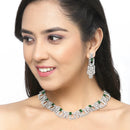 Rhodium-Plated Green & White American Diamonds Studded Squarish Shaped Necklace & Earrings Jewellery Set