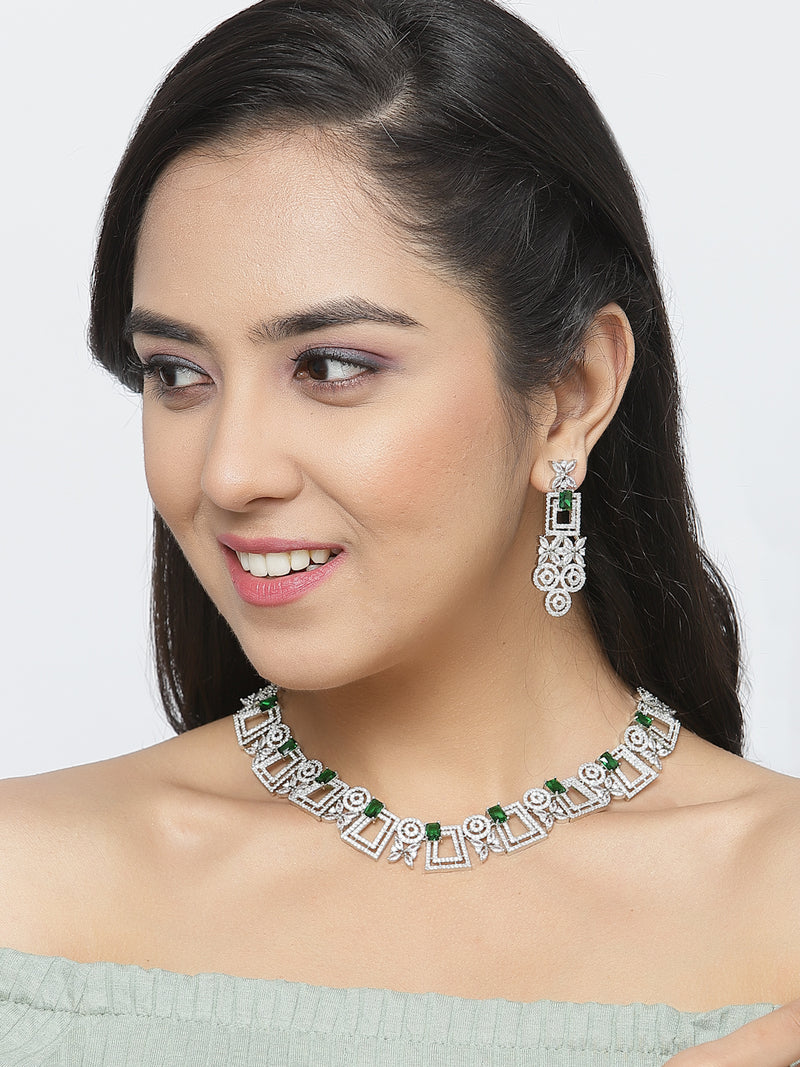 Rhodium-Plated Green & White American Diamonds Studded Squarish Shaped Necklace & Earrings Jewellery Set