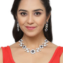 Rhodium-Plated Navy Blue Cubic Zirconia Studded Floral Theme Necklace & Earrings Jewellery Set