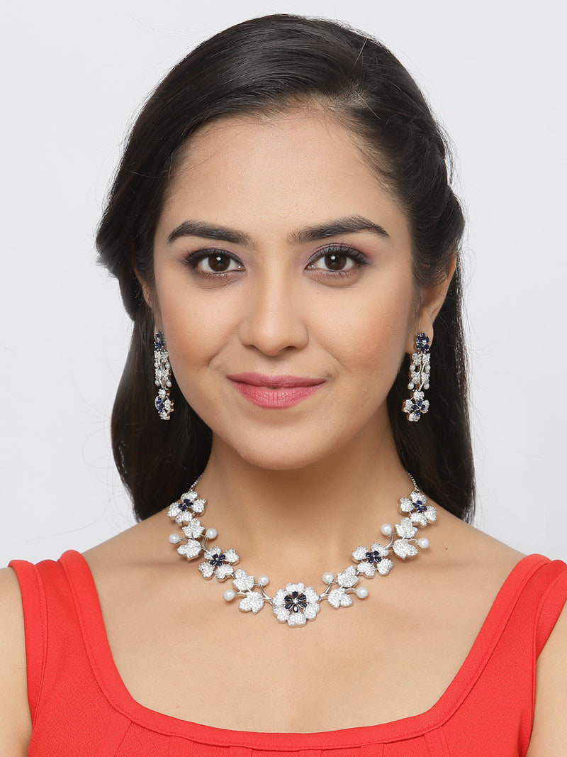 Rhodium-Plated Navy Blue Cubic Zirconia Studded Floral Theme Necklace & Earrings Jewellery Set