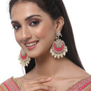 Gold-Plated Kundan studded Red & Off-White Crescent Shaped Chandbali Earrings
