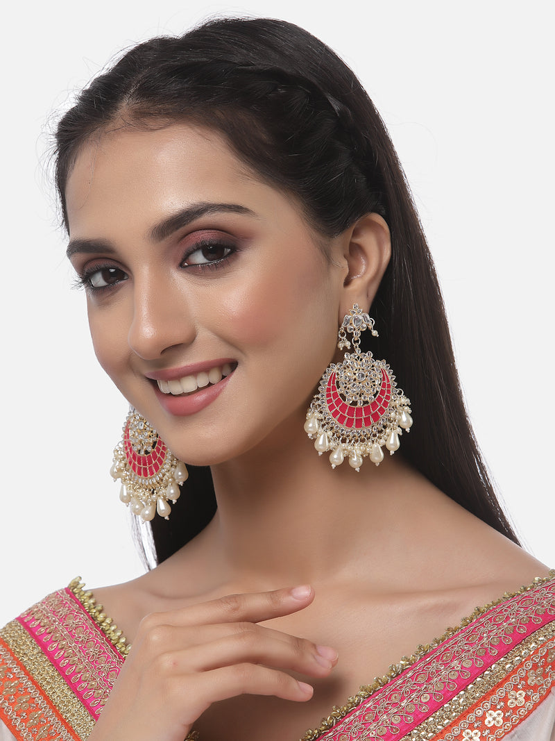 Gold-Plated Kundan studded Red & Off-White Crescent Shaped Chandbali Earrings