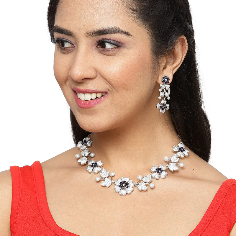 Rhodium-Plated Navy Blue Cubic Zirconia Studded Floral Theme Necklace & Earrings Jewellery Set