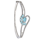 Rhodium Plated Silver Toned Flower Shaped Sky Blue American Diamond Studded Bracelet