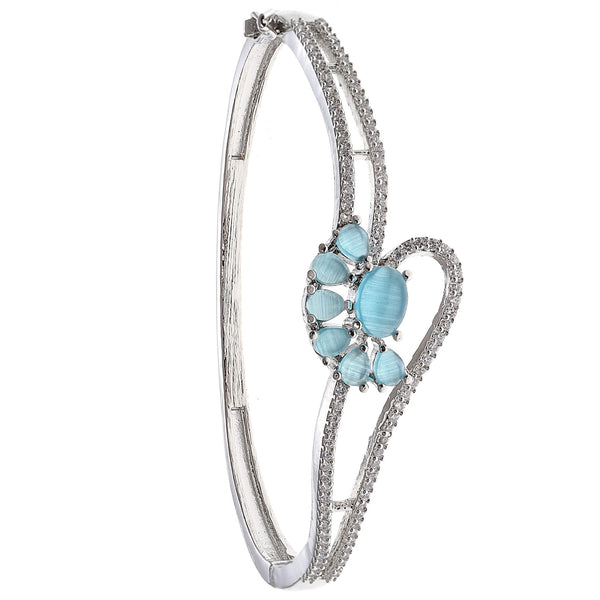 Rhodium Plated Silver Toned Flower Shaped Sky Blue American Diamond Studded Bracelet
