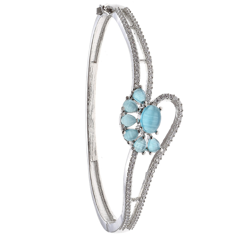 Rhodium Plated Silver Toned Flower Shaped Sky Blue American Diamond Studded Bracelet
