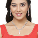 Rhodium-Plated Pink Square American Diamonds Studded Pendulous Necklace & Earrings Jewellery Set