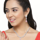 Rhodium-Plated Pink Square American Diamonds Studded Pendulous Necklace & Earrings Jewellery Set