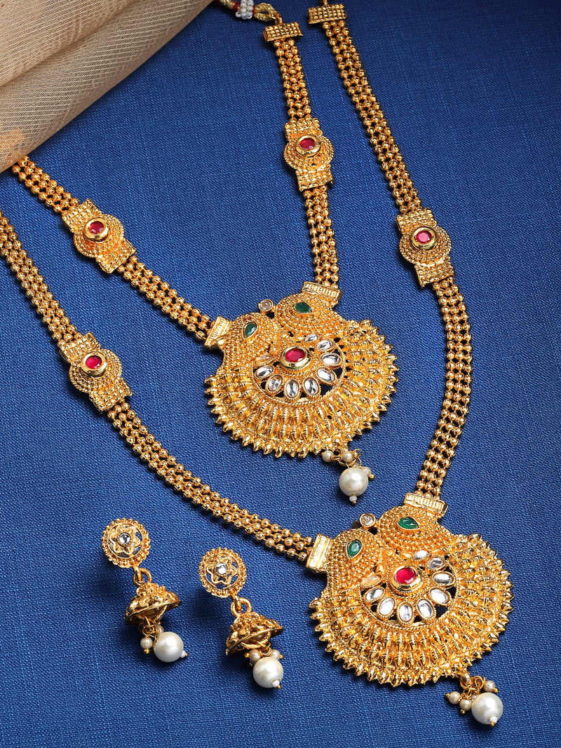Rhodium-Plated Pink Square American Diamonds Studded Pendulous Necklace & Earrings Jewellery Set