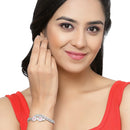 Rhodium-Plated Silver Toned Teardrop & Leaf Shaped Pink American Diamond Studded Bracelet