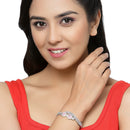 Rhodium-Plated Silver Toned Teardrop & Leaf Shaped Pink American Diamond Studded Bracelet