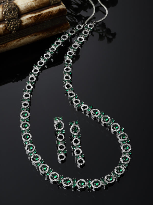 Rhodium-Plated Silver Toned Circular Green American Diamond Long Necklace with Earrings Jewellery Set