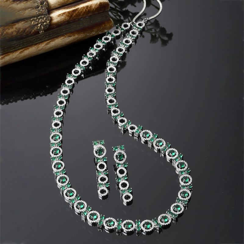 Rhodium-Plated Silver Toned Circular Green American Diamond Long Necklace with Earrings Jewellery Set