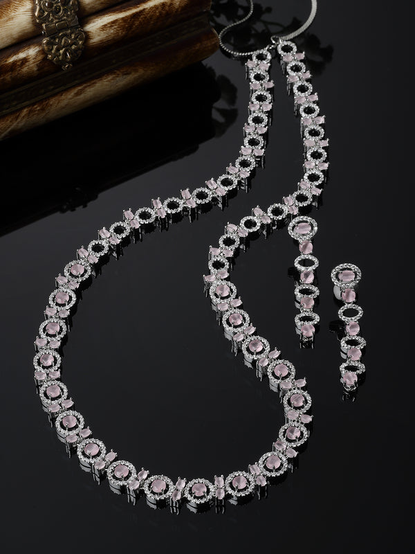 Rhodium-Plated Silver Toned Circular Pink American Diamond Long Necklace with Earrings Jewellery Set