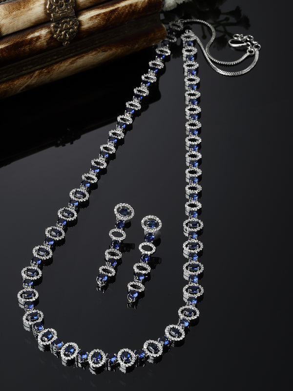 Rhodium-Plated Silver Toned Oval Navy Blue American Diamond Long Necklace with Earrings Jewellery Set