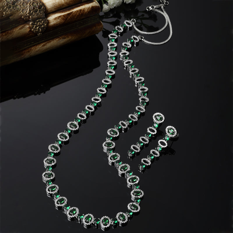 Rhodium-Plated Silver Toned Oval Green American Diamond Long Necklace with Earrings Jewellery Set