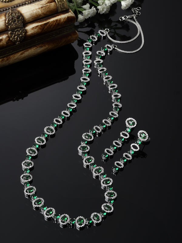 Rhodium-Plated Silver Toned Oval Green American Diamond Long Necklace with Earrings Jewellery Set