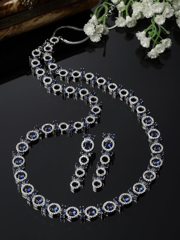 Rhodium-Plated Silver Toned Circular Navy Blue American Diamond Long Necklace with Earrings Jewellery Set