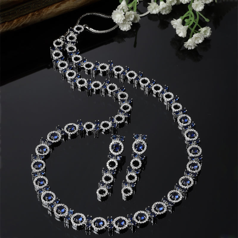 Rhodium-Plated Silver Toned Circular Navy Blue American Diamond Long Necklace with Earrings Jewellery Set