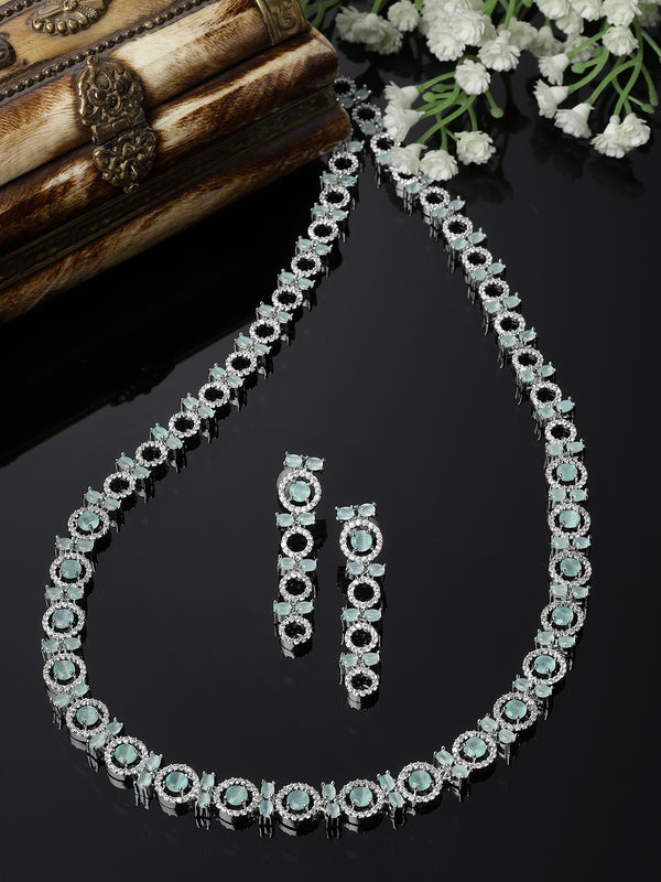 Rhodium-Plated Silver Toned Circular Sea Green American Diamond Long Necklace with Earrings Jewellery Set